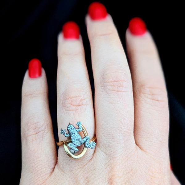 Vintage Frog Ring Diamonds Rubies 14k Yellow White Gold Estate Animal Statement 