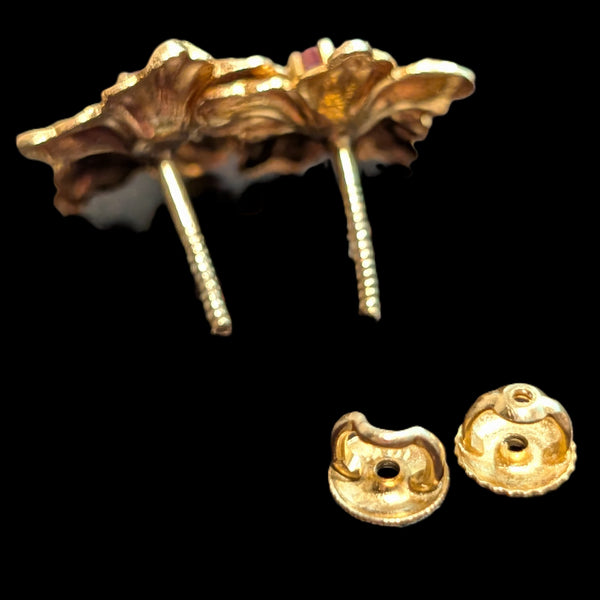Vintage Garnet 10k Yellow Gold Floral Earrings Blossoms Screw Back Posts Gift 