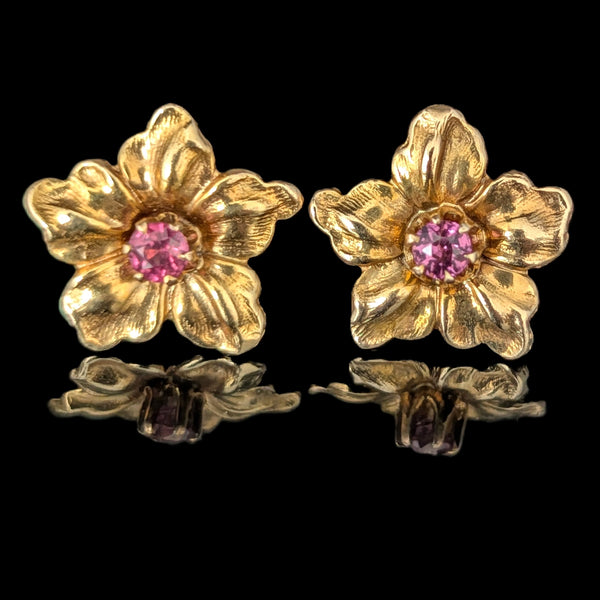 Vintage Garnet 10k Yellow Gold Floral Earrings Blossoms Screw Back Posts Gift 