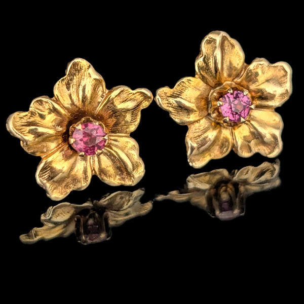 Vintage Garnet 10k Yellow Gold Floral Earrings Blossoms Screw Back Posts Gift 