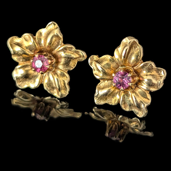 Vintage Garnet 10k Yellow Gold Floral Earrings Blossoms Screw Back Posts Gift 