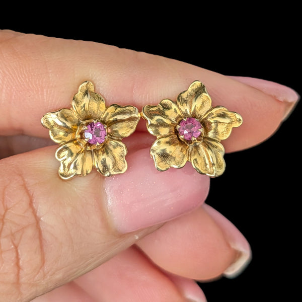 Vintage Garnet 10k Yellow Gold Floral Earrings Blossoms Screw Back Posts Gift 