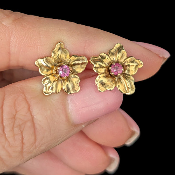 Vintage Garnet 10k Yellow Gold Floral Earrings Blossoms Screw Back Posts Gift 