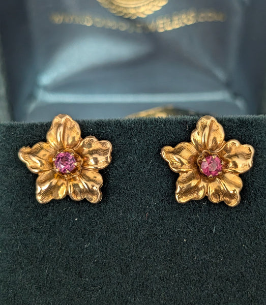 Vintage Garnet 10k Yellow Gold Floral Earrings Blossoms Screw Back Posts Gift 