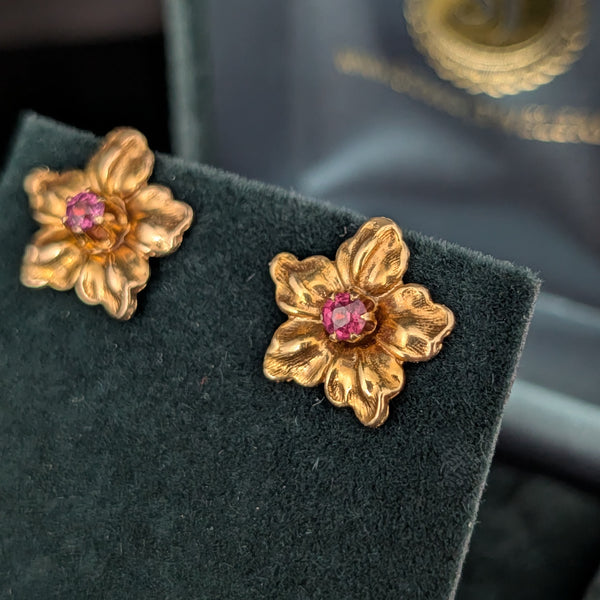 Vintage Garnet 10k Yellow Gold Floral Earrings Blossoms Screw Back Posts Gift 