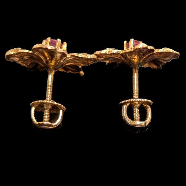 Vintage Garnet 10k Yellow Gold Floral Earrings Blossoms Screw Back Posts Gift 