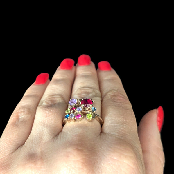 Vintage Gemstones 10k Yellow Gold Statement Ring Retro Estate Jewelry Gift 