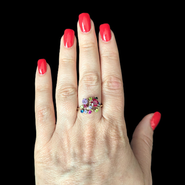 Vintage Gemstones 10k Yellow Gold Statement Ring Retro Estate Jewelry Gift 