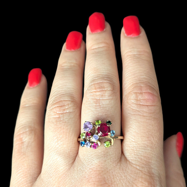 Vintage Gemstones 10k Yellow Gold Statement Ring Retro Estate Jewelry Gift 