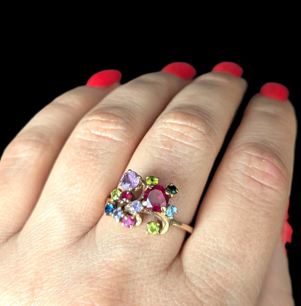 Vintage Gemstones 10k Yellow Gold Statement Ring Retro Estate Jewelry Gift 