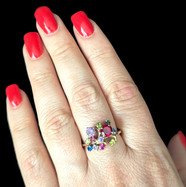 Vintage Gemstones 10k Yellow Gold Statement Ring Retro Estate Jewelry Gift 