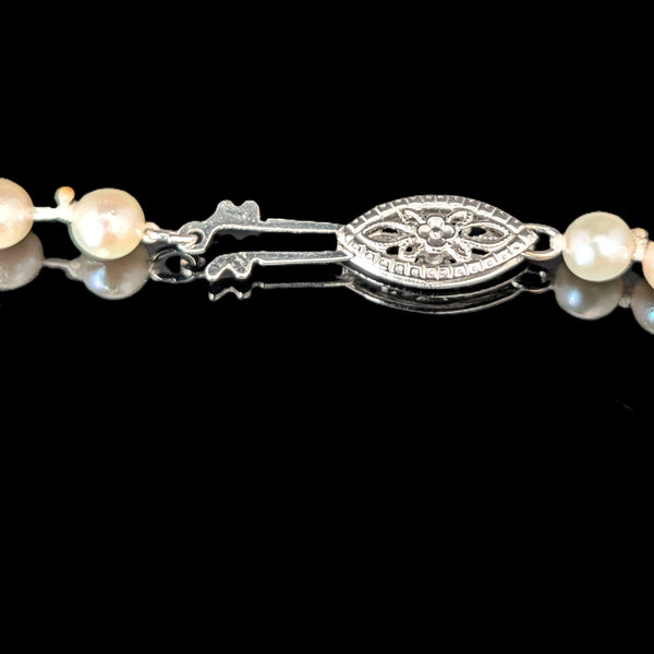 Vintage Graduated Cream Pearl Necklace 10k White Gold Filigree Retro Estate Gift