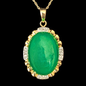 Vintage Green Jade Cabochon Diamonds 14k Yellow Gold Pendant Estate Gift