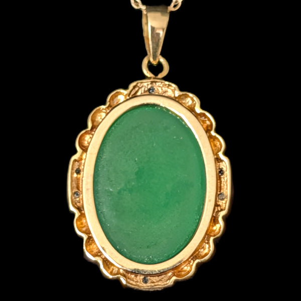 Vintage Green Jade Cabochon Diamonds 14k Yellow Gold Pendant Estate Gift