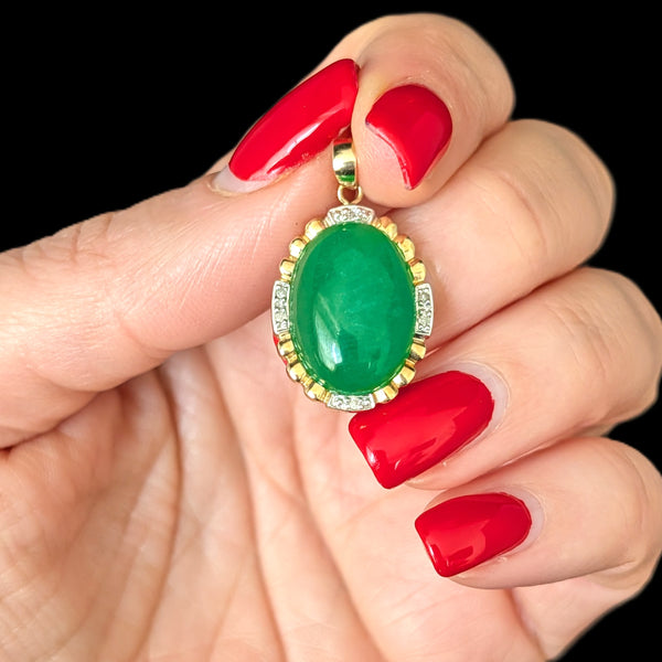 Vintage Green Jade Cabochon Diamonds 14k Yellow Gold Pendant Estate Gift