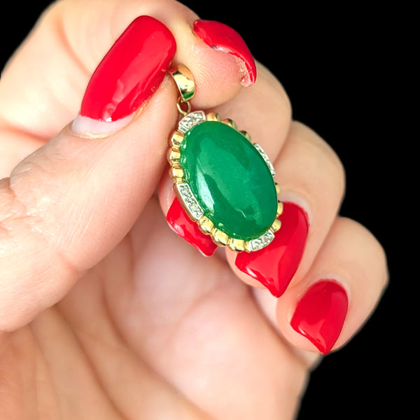 Vintage Green Jade Cabochon Diamonds 14k Yellow Gold Pendant Estate Gift