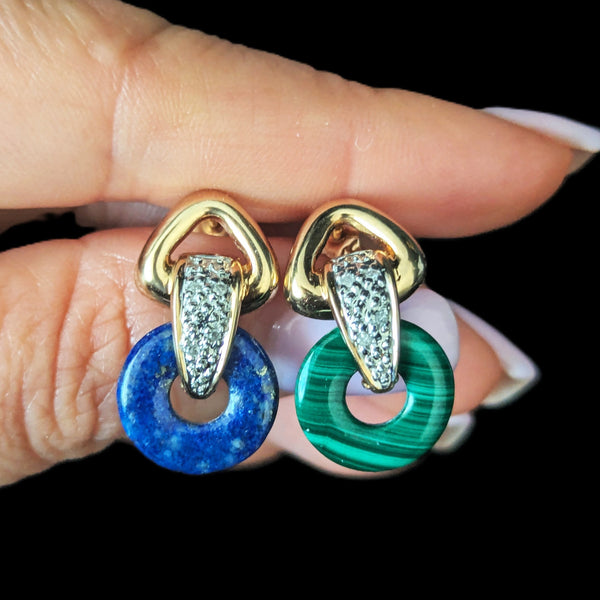 4 in One Vintage Interchangeable Gemstones Earrings Diamonds 14k Gold Day to Night Convertible Set 