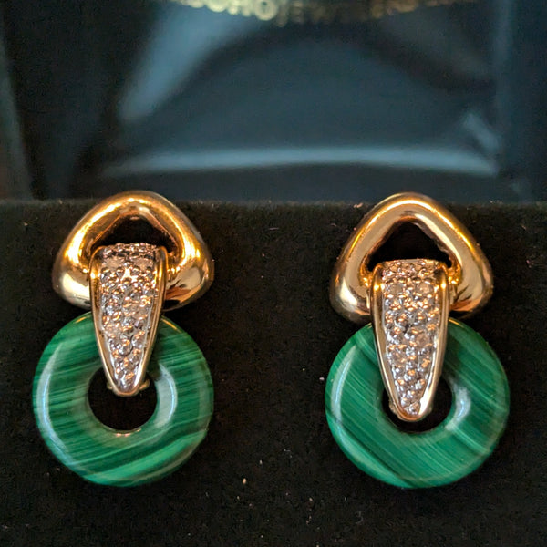 4 in One Vintage Interchangeable Gemstones Earrings Diamonds 14k Gold Day to Night Convertible Set  malachite