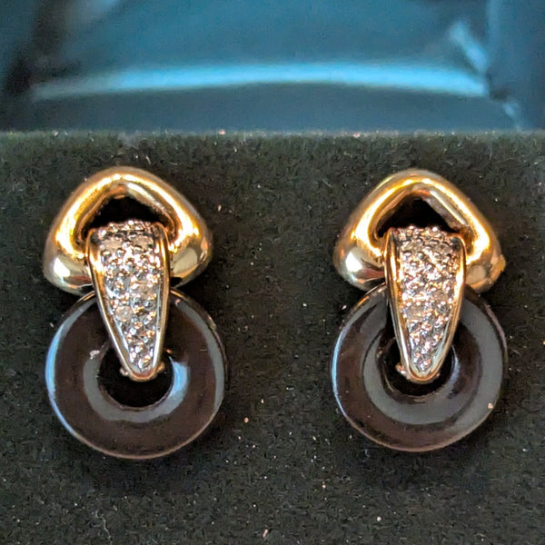 4 in One Vintage Interchangeable Gemstones Earrings Diamonds 14k Gold Day to Night Convertible Set  onyx