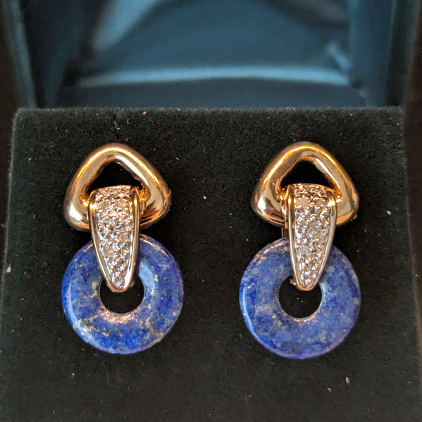 4 in One Vintage Interchangeable Gemstones Earrings Diamonds 14k Gold Day to Night Convertible Set  lapis lazuli
