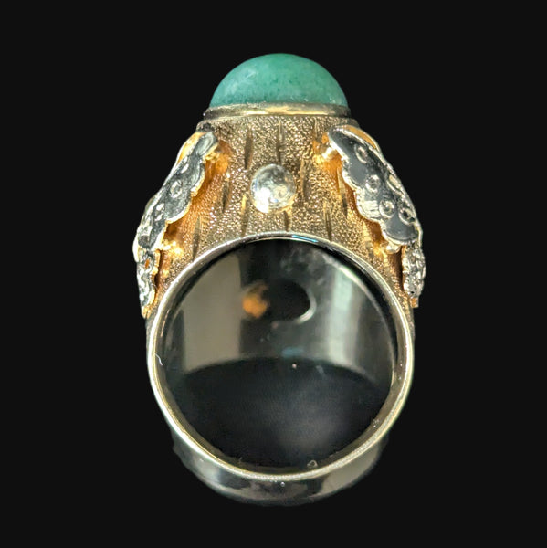 Vintage Jade 14k Yellow White Gold Cocktail Butterfly Ring Huge Dome Boule 11.2g
