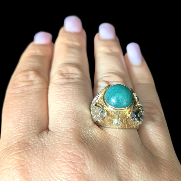 Vintage Jade 14k Yellow White Gold Cocktail Butterfly Ring Huge Dome Boule 11.2g