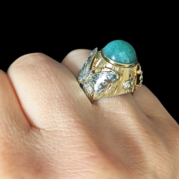 Vintage Jade 14k Yellow White Gold Cocktail Butterfly Ring Huge Dome Boule 11.2g