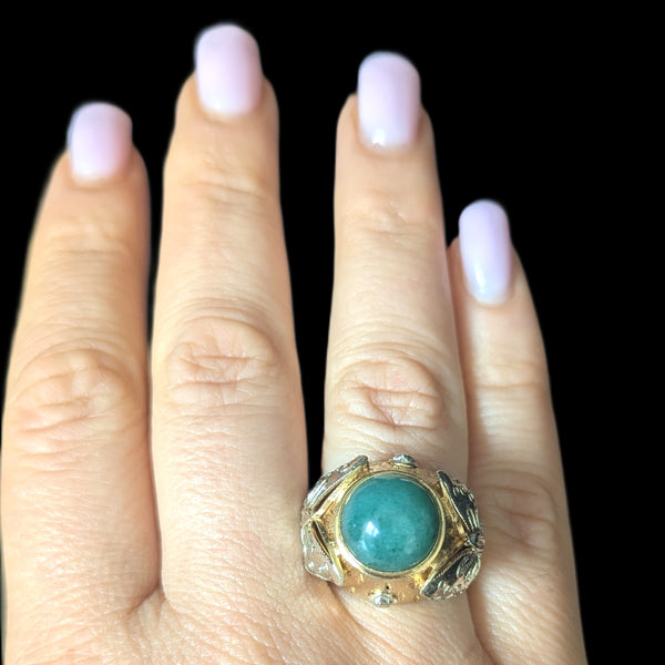 Vintage Jade 14k Yellow White Gold Cocktail Butterfly Ring Huge Dome Boule 11.2g