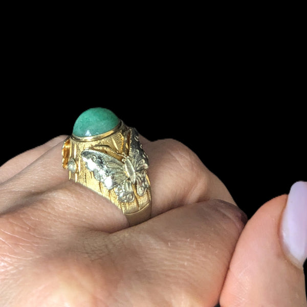 Vintage Jade 14k Yellow White Gold Cocktail Butterfly Ring Huge Dome Boule 11.2g