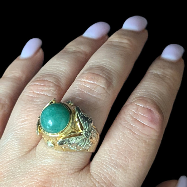 Vintage Jade 14k Yellow White Gold Cocktail Butterfly Ring Huge Dome Boule 11.2g
