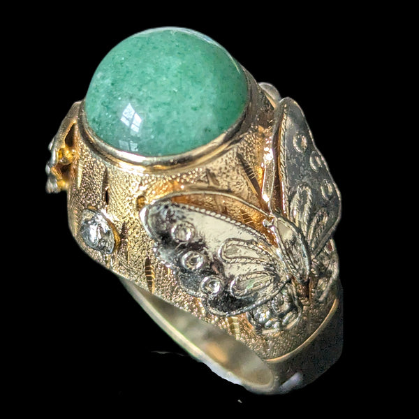 Vintage Jade 14k Yellow White Gold Cocktail Butterfly Ring Huge Dome Boule 11.2g