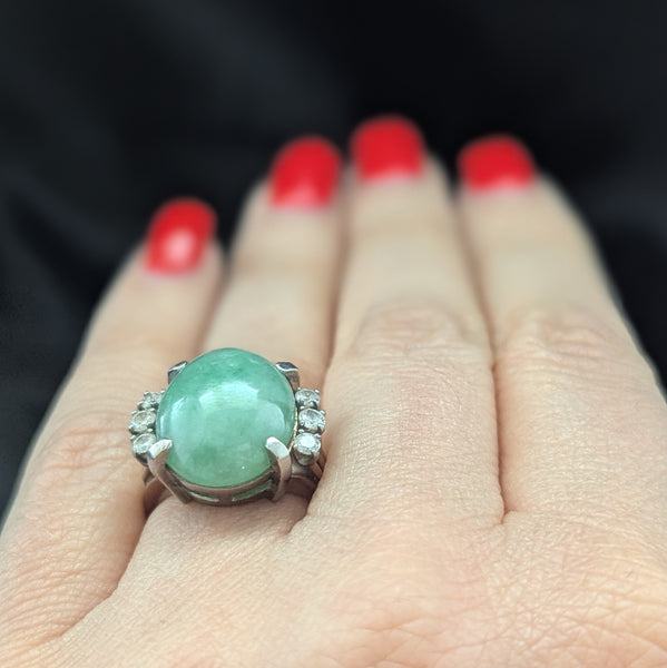 Vintage Jade Diamonds 14k White Gold Cocktail Ring Statement Estate Gift Retro