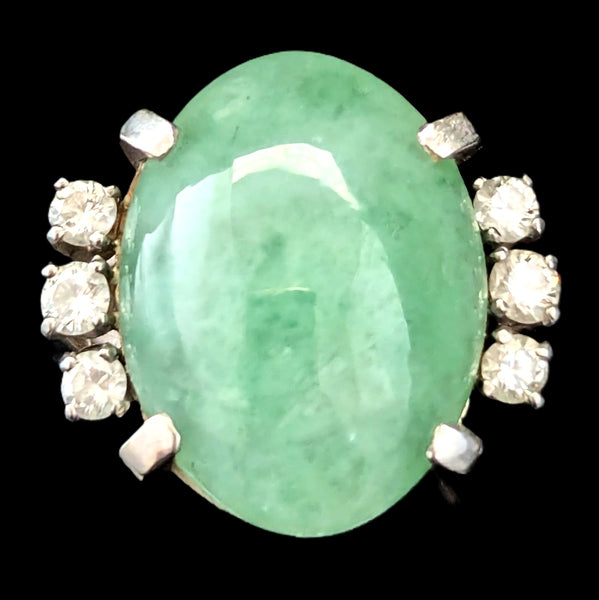 Vintage Jade Diamonds 14k White Gold Cocktail Ring Statement Estate Gift Retro