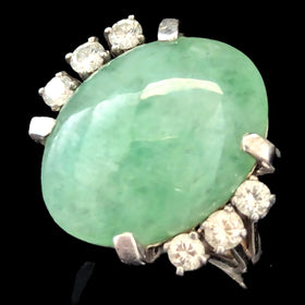 Vintage Jade Diamonds 14k White Gold Cocktail Ring Statement Estate Gift Retro