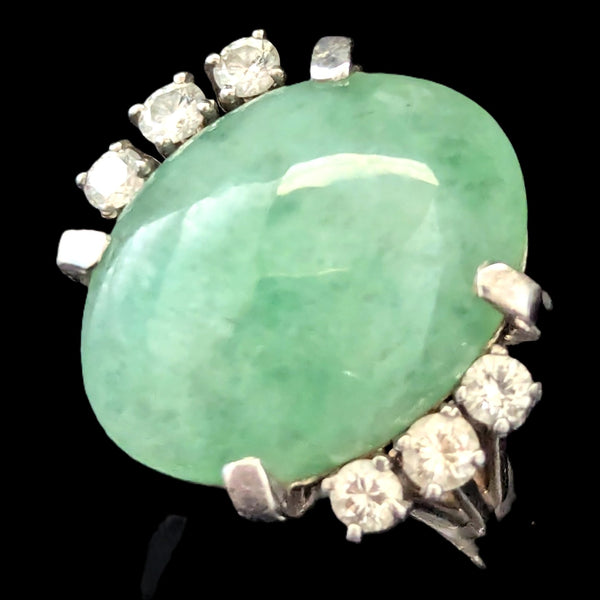 Vintage Jade Diamonds 14k White Gold Cocktail Ring Statement Estate Gift Retro