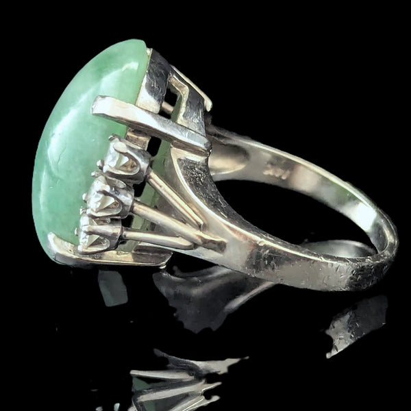 Vintage Jade Diamonds 14k White Gold Cocktail Ring Statement Estate Gift Retro