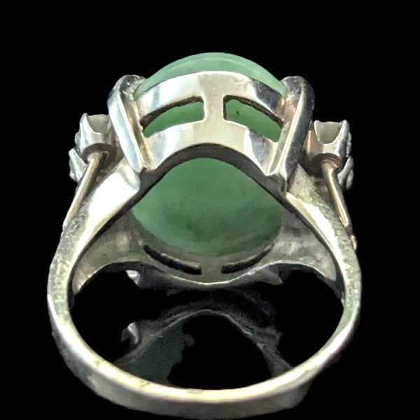 Vintage Jade Diamonds 14k White Gold Cocktail Ring Statement Estate Gift Retro