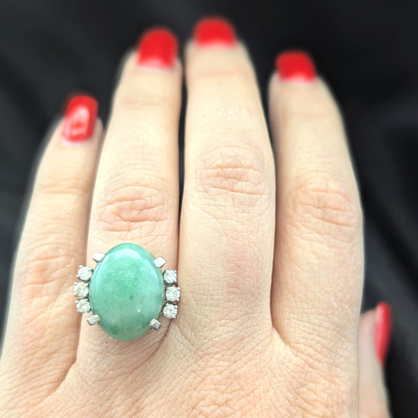 Vintage Jade Diamonds 14k White Gold Cocktail Ring Statement Estate Gift Retro