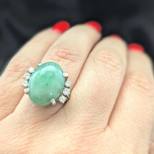 Vintage Jade Diamonds 14k White Gold Cocktail Ring Statement Estate Gift Retro