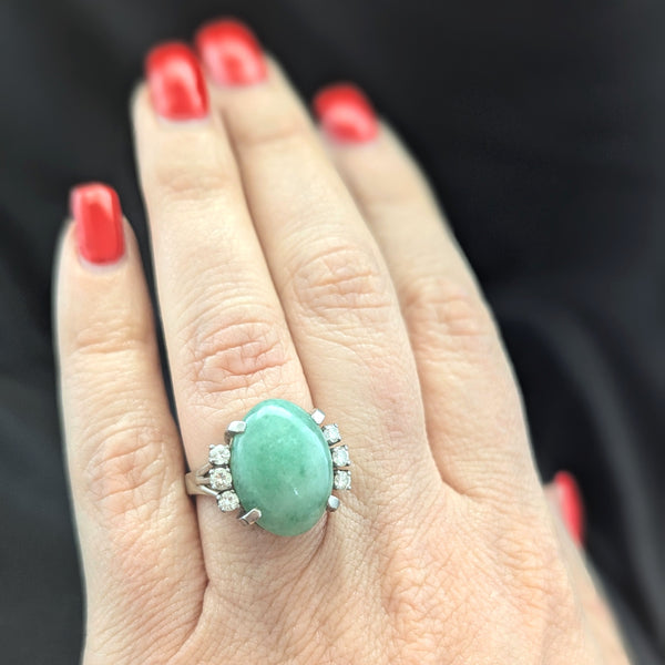 Vintage Jade Diamonds 14k White Gold Cocktail Ring Statement Estate Gift Retro