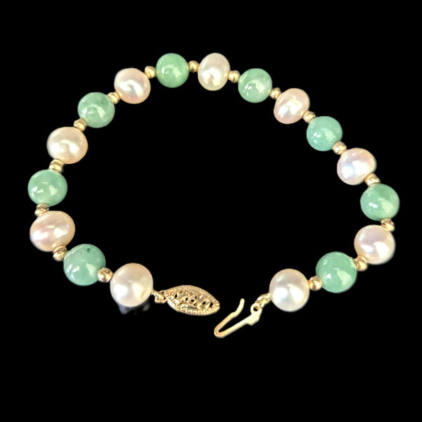 Vintage Jade Pearl 14k Yellow Gold Bracelet Retro Mid Cent Estate Jewelry 7.25"