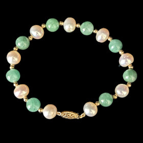 Vintage Jade Pearl 14k Yellow Gold Bracelet Retro Mid Cent Estate Jewelry 7.25"