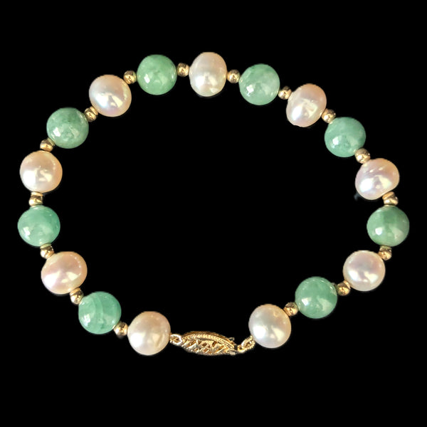 Vintage Jade Pearl 14k Yellow Gold Bracelet Retro Mid Cent Estate Jewelry 7.25"