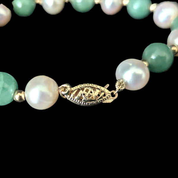 Vintage Jade Pearl 14k Yellow Gold Bracelet Retro Mid Cent Estate Jewelry 7.25"