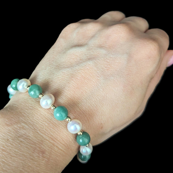 Vintage Jade Pearl 14k Yellow Gold Bracelet Retro Mid Cent Estate Jewelry 7.25"