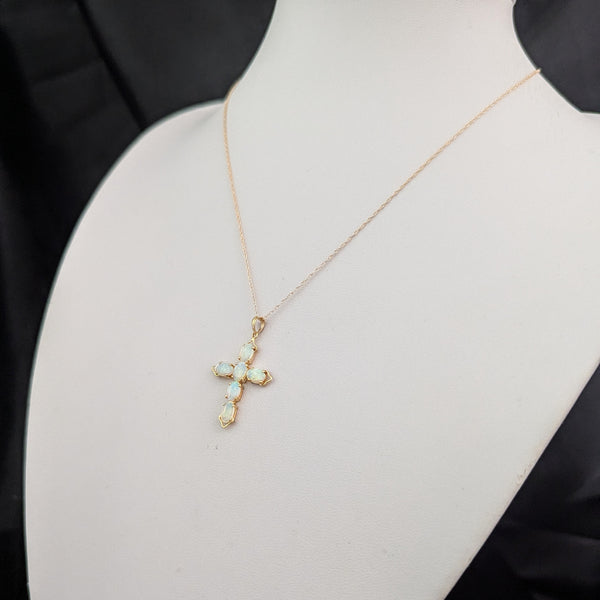 Vintage Jelly Opals 14k Yellow Gold Cross Pendant On Chain Estate Christianity 