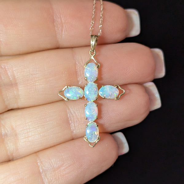 Vintage Jelly Opals 14k Yellow Gold Cross Pendant On Chain Estate Christianity 