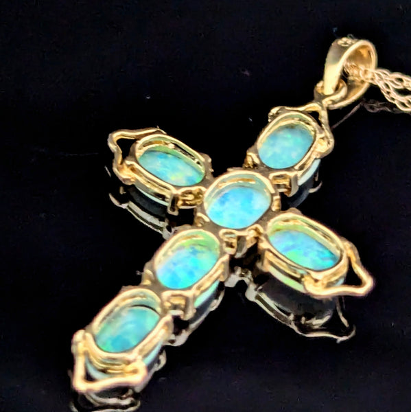 Vintage Jelly Opals 14k Yellow Gold Cross Pendant On Chain Estate Christianity 
