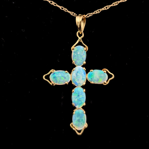 Vintage Jelly Opals 14k Yellow Gold Cross Pendant On Chain Estate Christianity 