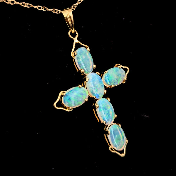 Vintage Jelly Opals 14k Yellow Gold Cross Pendant On Chain Estate Christianity 